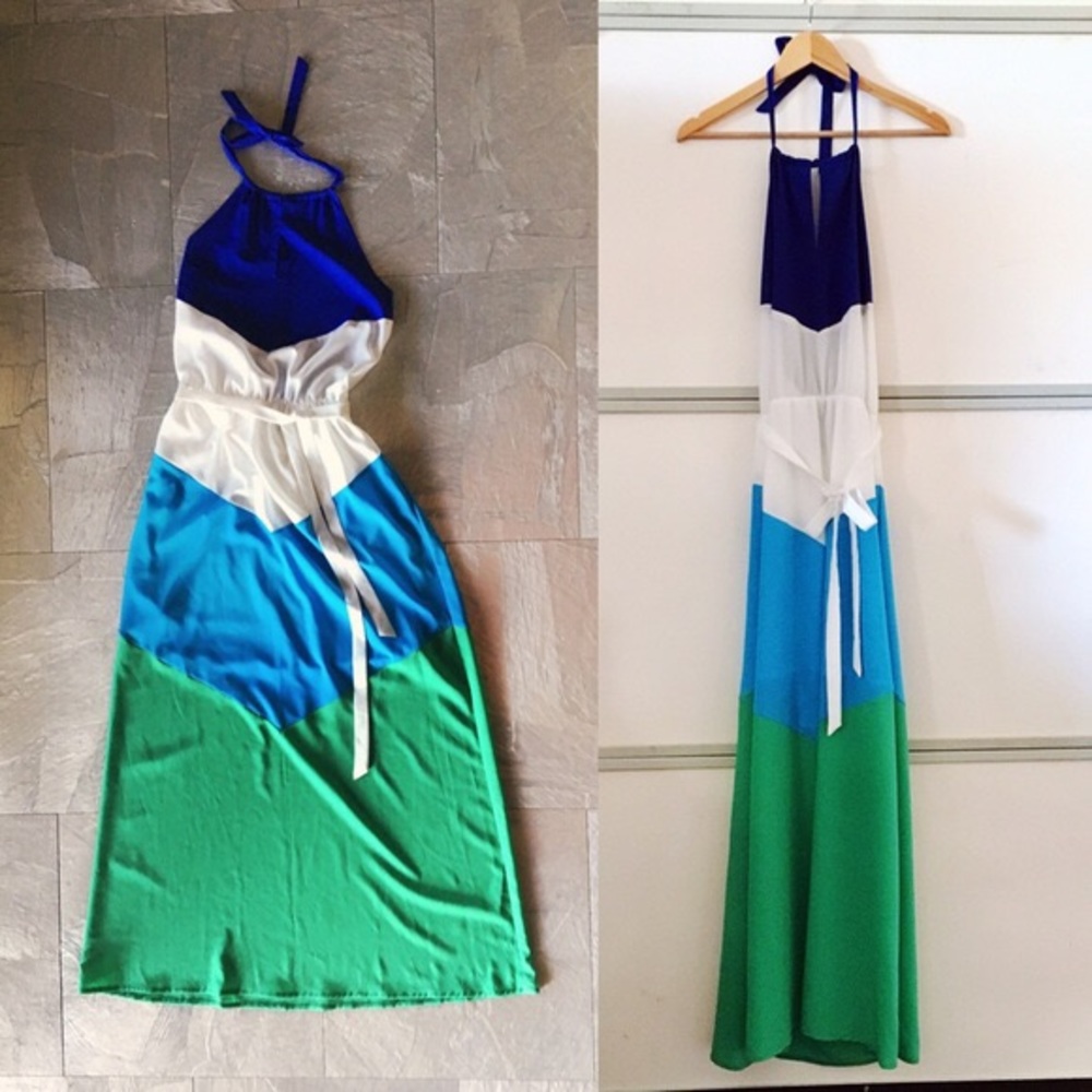 Marine Blu Color Block Open Back Halter Maxi - image 1